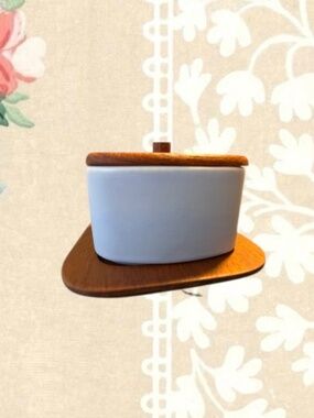 Rare Powder Blue  MCM Anri Form Condiment Teak Tray Italy Pottery